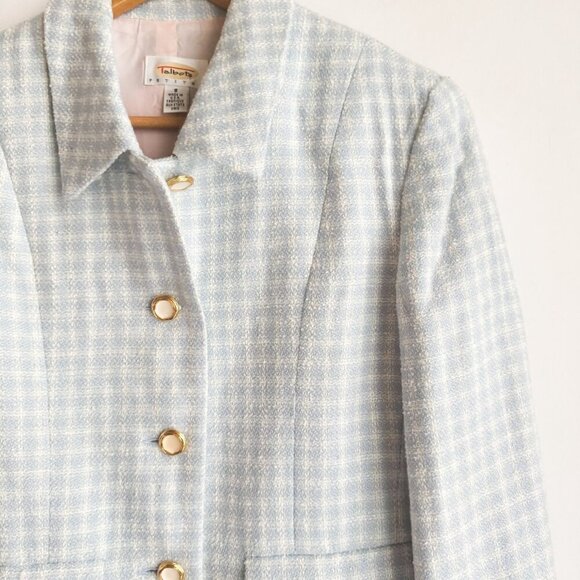 Talbots Vintage Pastel Blue White Check Plaid Print Cropped Blazer 6 - Picture 2 of 5